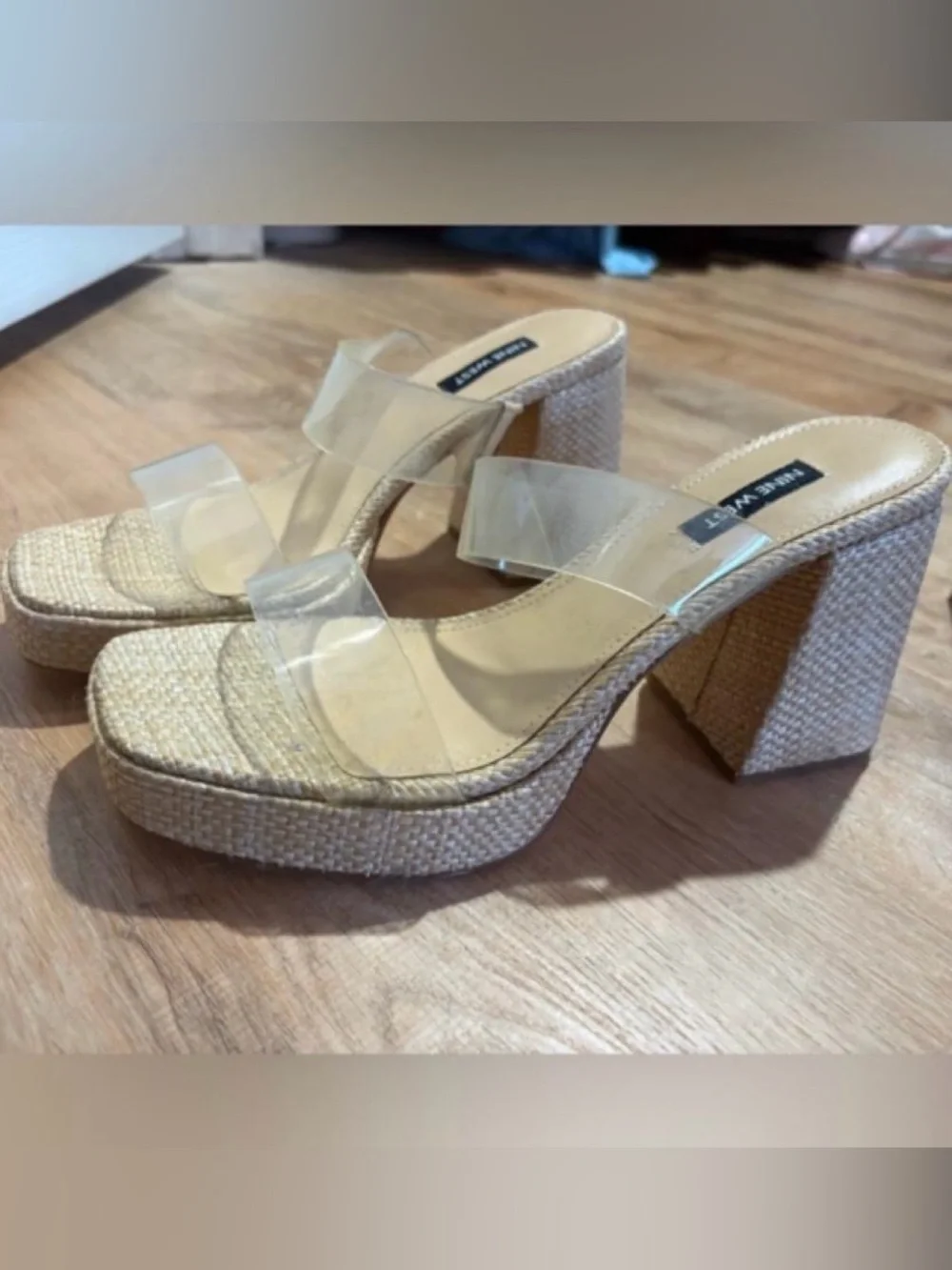 Nine West Clear Double-Strap Raffia Platform Sandals - Beige